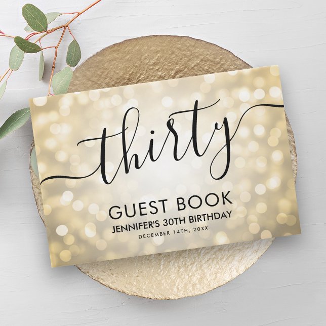 Livro De Visitas Aniversário de 30 anos de Luzes Douradas de Leitur (Modern Script Gold Glitter Lights 30th Birthday Guest Book)