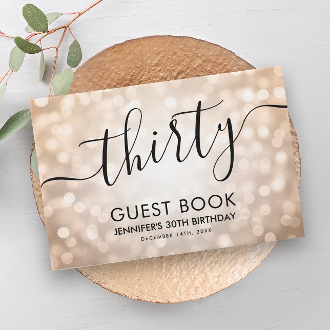 Livro De Visitas Aniversário de 30 anos de Luzes Leves Douradas do  (Modern Rose Gold Glitter Lights 30th Birthday Guest Book)
