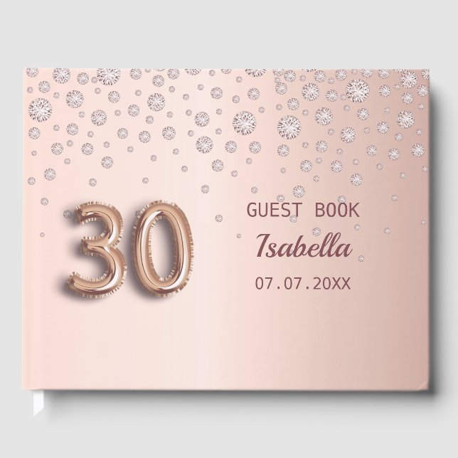 Livro De Visitas aniversário de 30 anos rosa de ouro, diamantes gla (Frente)