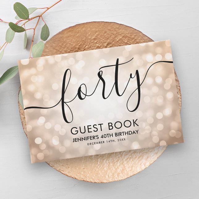 Livro De Visitas Aniversário de 40 anos de Luzes Leves Douradas do  (Modern Rose Gold Glitter Lights 40th Birthday Guest Book)
