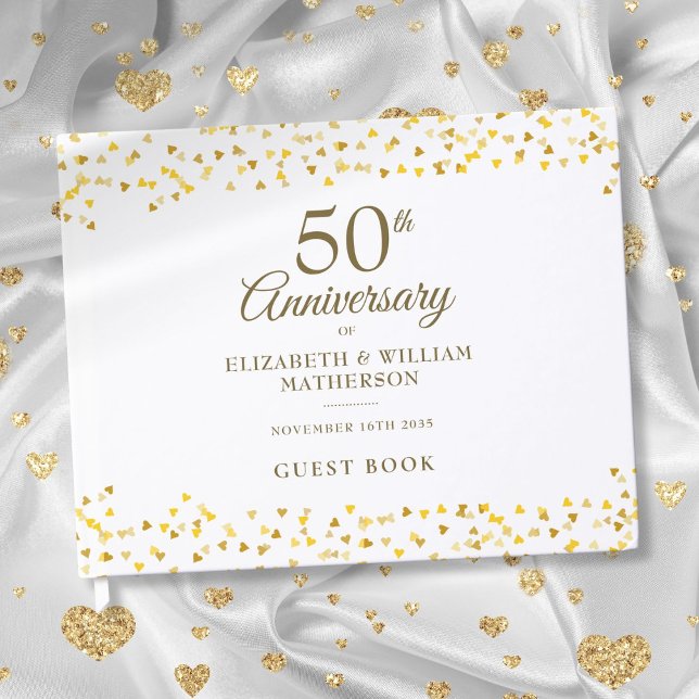 Livro De Visitas Aniversário de 50 anos de Casamento Confetes de Co (50th Wedding Anniversary Gold Hearts Confetti Guest Book)