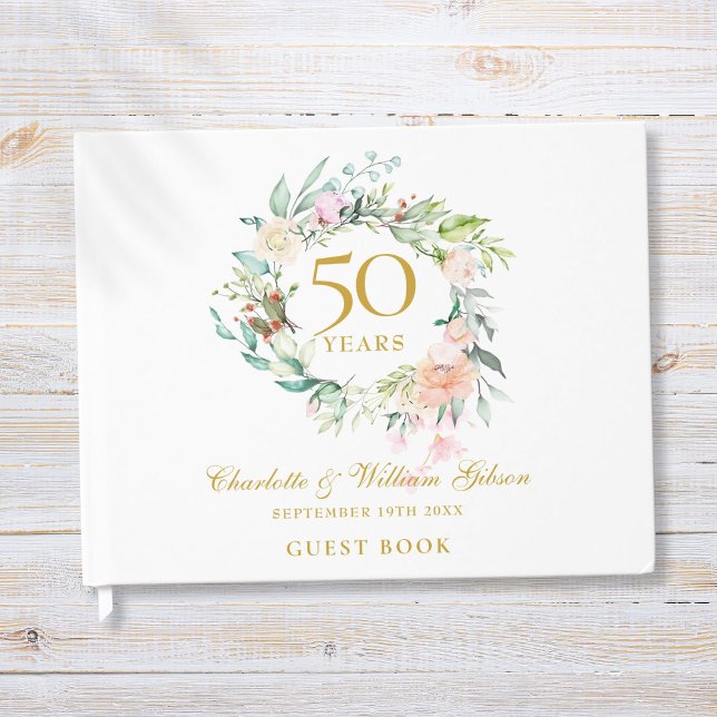 Livro De Visitas Aniversário de 50 anos de Casamento Guirlanda Flor (50th Wedding Golden Anniversary Floral Garland Guest Book)