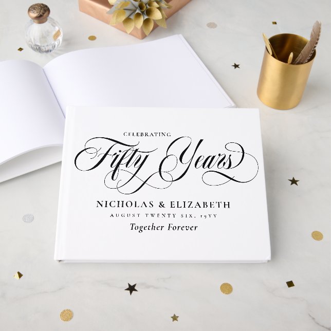 Livro De Visitas Aniversário de Bodas de Ouro Branco Preto Script (Frente aberta)