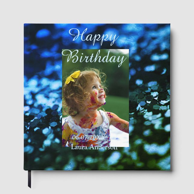 Livro De Visitas Aniversário de criança de fotos azul verde-brilhan (Frente)