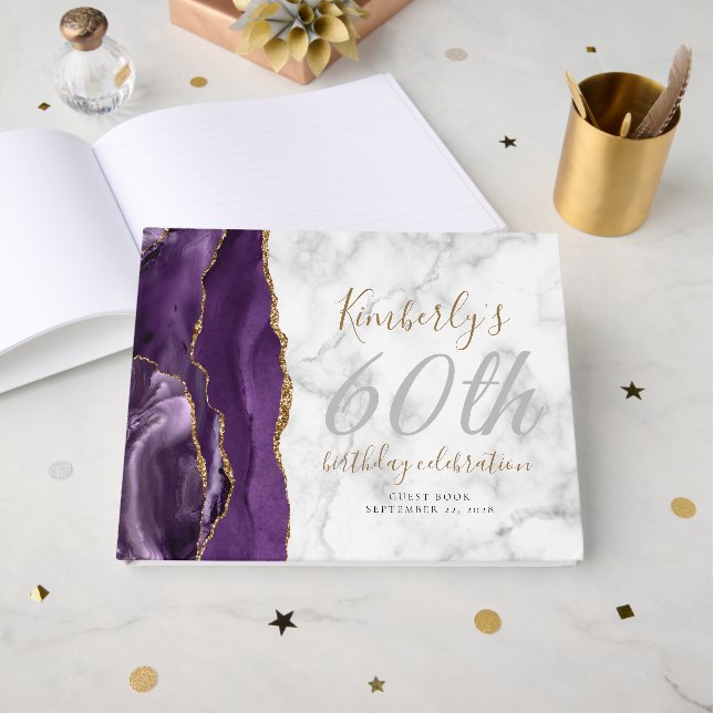 Livro De Visitas Aniversário do Dourado Marble Script de Agato Roxo (Frente aberta)