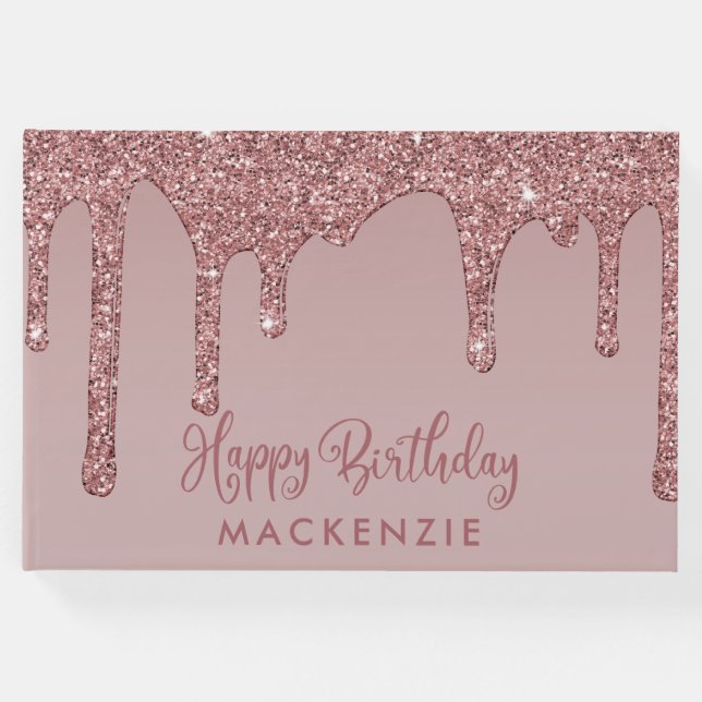 Livro De Visitas Aniversário do Rosa de luxo, Dourado Glitter (Frente)