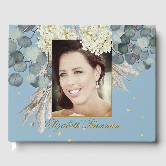 Livro De Visitas Aniversário Milestone Foto Floral Blue Elegante (Frente)