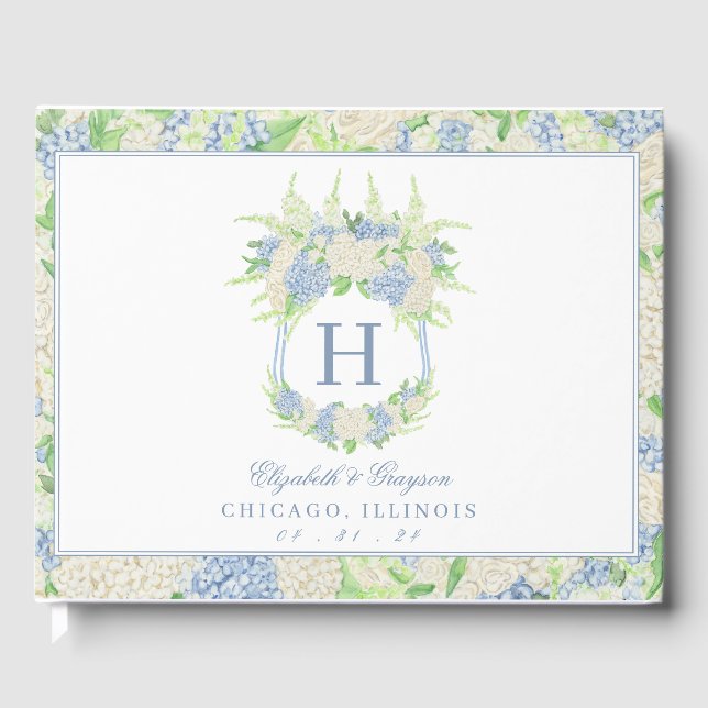 Livro De Visitas Aquarela Azul e Branco Hydrangea Crest (Frente)