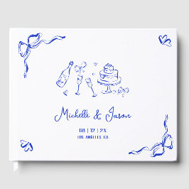 Livro De Visitas Arco e Champanhe Franceses Desenhados à Mão Azul Ú