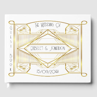 Livro De Visitas Art deco Elegante, Dourado e White Guest Book