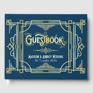 Livro De Visitas Arte Deco Casamento do 1920 Elegante Azul Gatsby