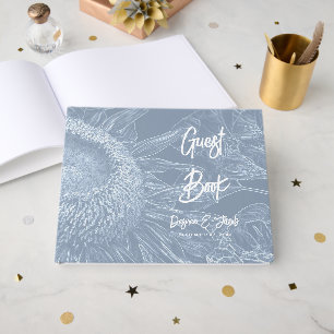 Livro De Visitas Arte Floral Meia Girassol Rústico Pó Azul Branco 