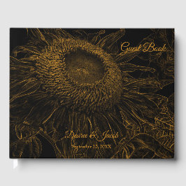 Livro De Visitas Arte Floral Negra Dourada Sunflower Elegante