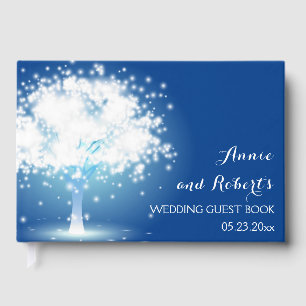 Livro De Visitas Árvore com luzes cintilantes no casamento azul