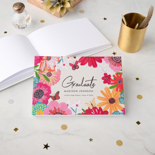 Livro De Visitas Assinatura de convidado de festa de formatura flor (Frente aberta)