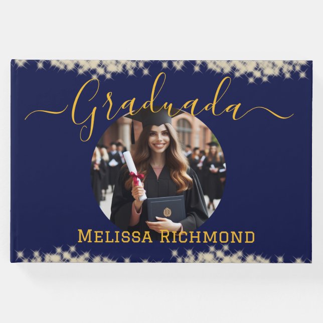 Livro De Visitas Assinatura Graduada Espanhola de Foto Azul Elegant (Frente)