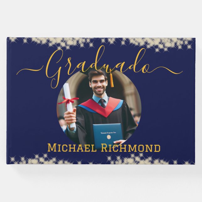 Livro De Visitas Assinatura Graduada Espanhola de Foto Azul Elegant (Frente)