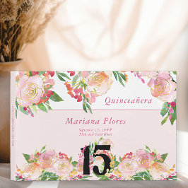 Livro De Visitas Azul branco rosa e Dourado, 15 Floral, Aniversário
