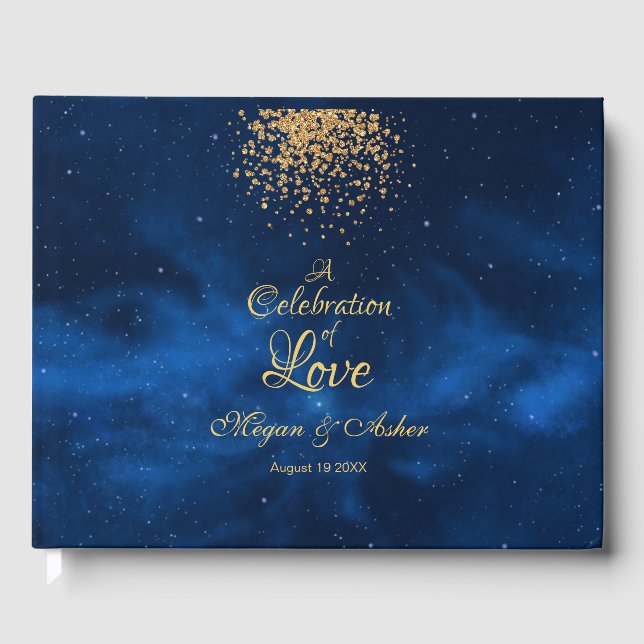 Livro De Visitas Azul Celestial Romântico com Confetti Dourado (Frente)