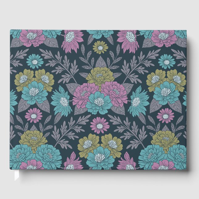 Livro De Visitas Azul Escuro, Verde e Floral Púrpura (Frente)