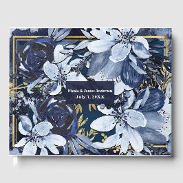 Livro De Visitas Azul Marinho e Dourado Casamento Floral em Aquarel
