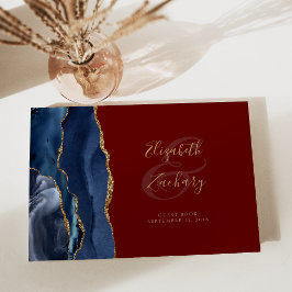 Livro De Visitas Azul Marinho Moderno Ágata Dourado Script Burgundy