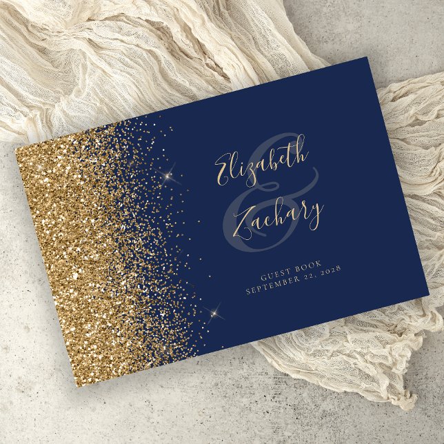 Livro De Visitas Azul Marinho Moderno Dourado Glitter Script (Criador carregado)