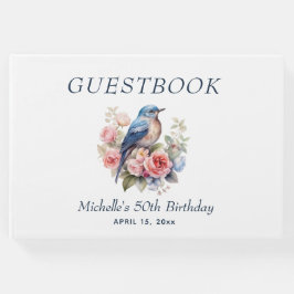 Livro De Visitas Azul Pássaro Rosa Floral 50º Aniversário