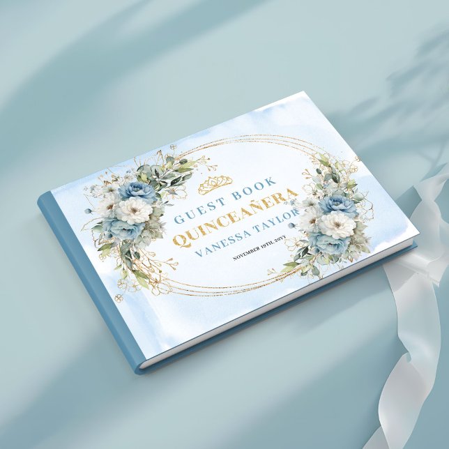 Livro de visitas azul pastel boho Quince com folha (Pastel Blue Boho Quince with Gold Greenery guest book)