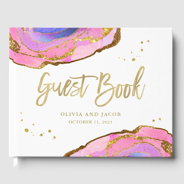 Livro De Visitas Azul rosa e geode Dourado | Casamento (Frente)