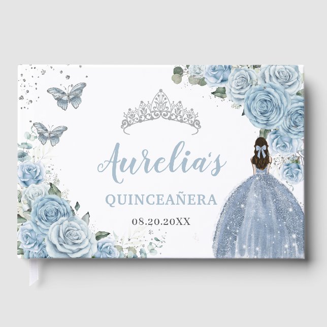 Livro De Visitas Baby Blue Floral Rosa Princesa Silver Quinceañera (Frente)