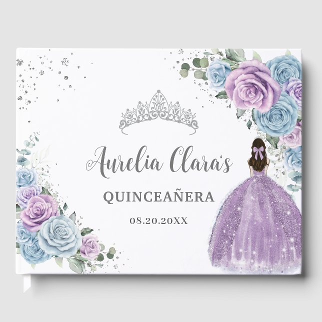 Livro De Visitas Baby Blue Lilac Floral Princesa Silver Quinceañera (Frente)