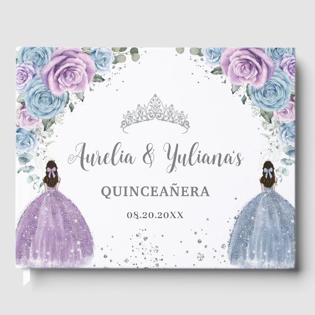 Livro De Visitas Baby Blue Lilac Floral Princesses Twin Quinceañera (Frente)