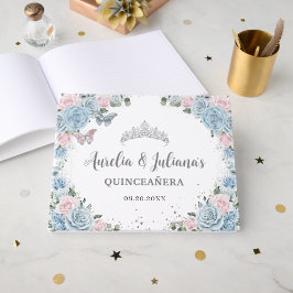 Livro De Visitas Baby Blue Pink Floral Butterflies Twin Quinceañera
