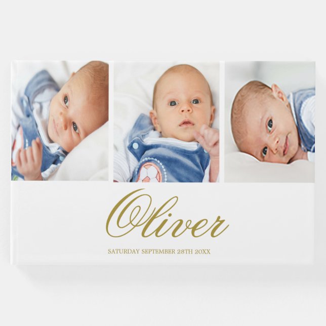 Livro De Visitas Baby Boy 3 Photo Collage Elegant Dourado (Frente)