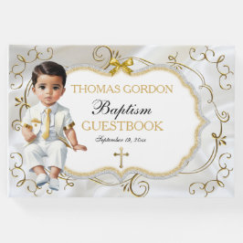 Livro De Visitas Baby Boy Baptism Christening White e Dourada Cruz