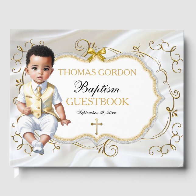 Livro De Visitas Baby Boy Baptism Christening White e Dourada Cruz (Frente)