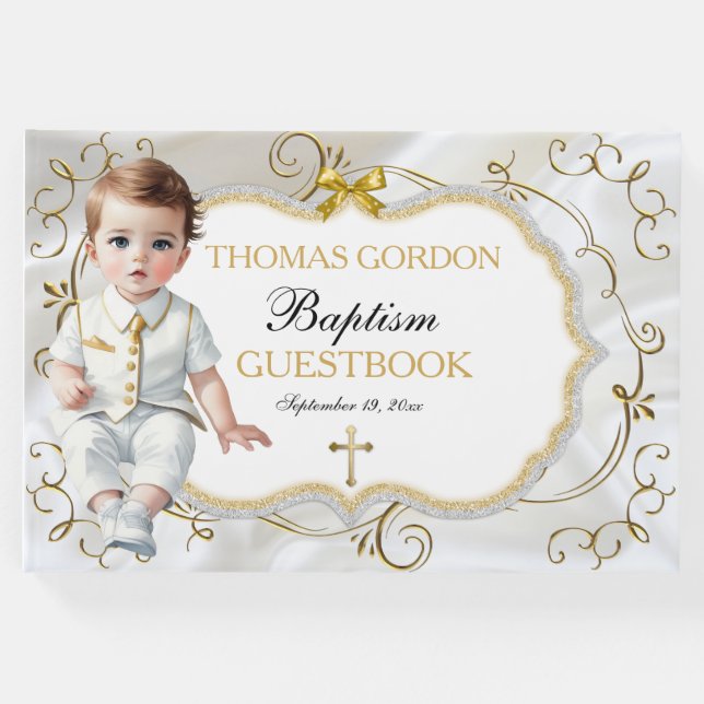 Livro De Visitas Baby Boy Baptism Christening White e Dourada Cruz (Frente)