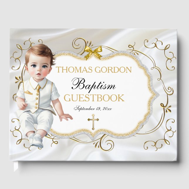 Livro De Visitas Baby Boy Baptism Christening White e Dourada Cruz (Frente)