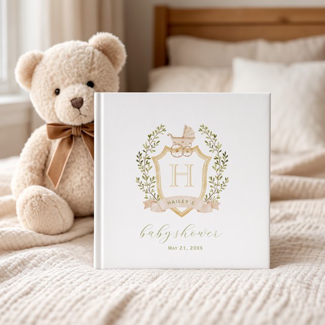 Livro De Visitas Baby Carriage Crest Monogram | Neutral Baby Shower (12x12 guest book)