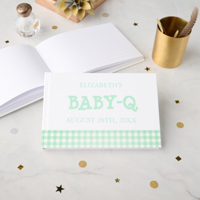 Livro De Visitas Baby-Q Mint Green Gingham Baby Shower (Frente aberta)