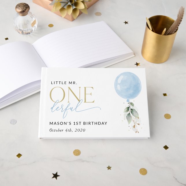 Livro De Visitas Balão Azul, Eucalyptus, Verde, Primeiro Aniversári (Frente aberta)