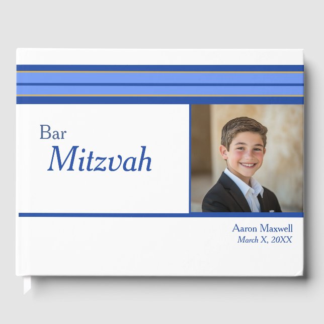 Livro De Visitas Bar Mitzvah de Foto em Branco Azul (Frente)