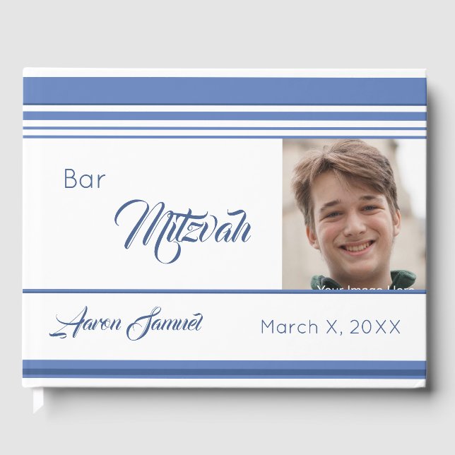 Livro De Visitas Bar Mitzvah de Foto em Branco Azul (Frente)