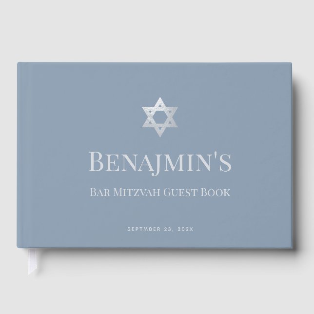 Livro De Visitas Bar Mitzvah Dusty Blue Faux Silver Star of David  (Frente)