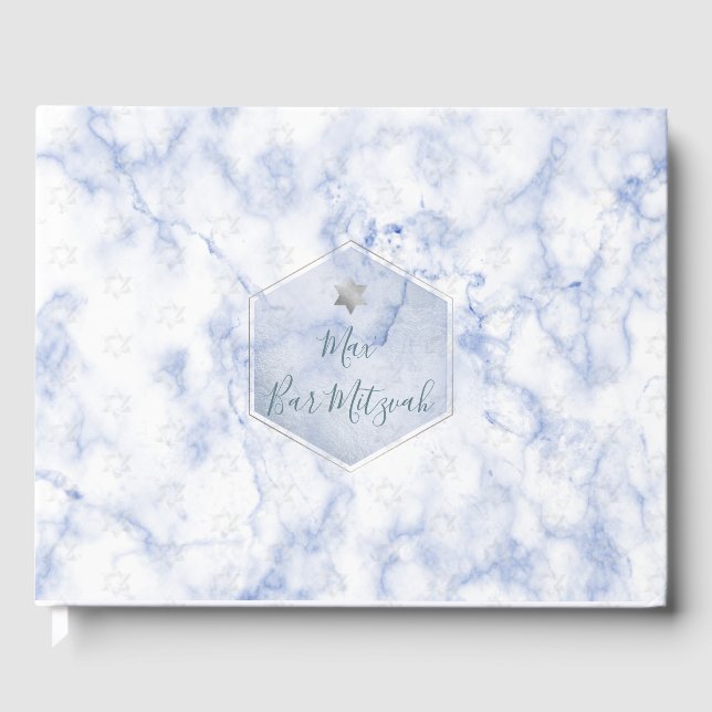 Livro De Visitas Bar PixDezines Mitzvah, Marble, Blue+Silver (Frente)