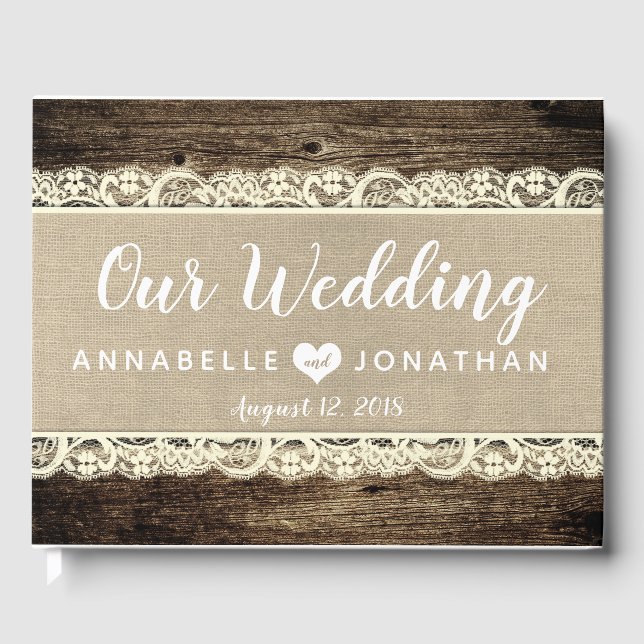 Livro De Visitas Barn Wood Burlap Lace Rustic Wedking Book (Frente)