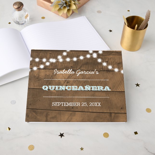 Livro De Visitas Barnwood Lights Aqua Quinceañera Guest Book (Frente aberta)