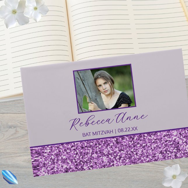Livro De Visitas Bat Mitzvah, Foto Simples e Roxo (Collect memories in this personalized Bat Mitzvah guest book)
