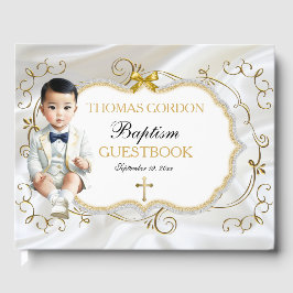 Livro De Visitas Batismo de Menino Asiático Branco e Dourado
